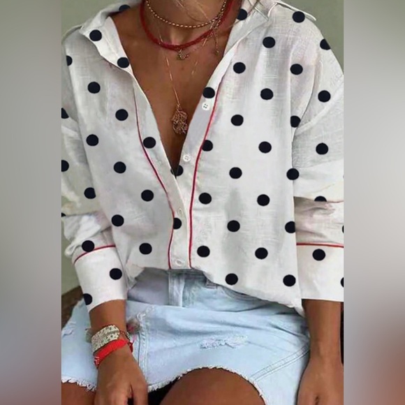 The Boutique Lab Tops - Elegant Black Polka Dot Button-Down Shirt